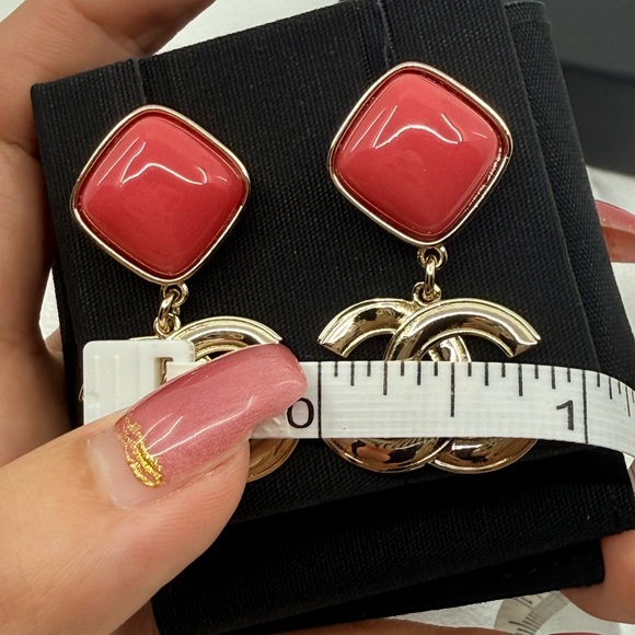 Chanel Pink Enamel Gold CC Dangle Statement Earrings - Picture 4 of 11